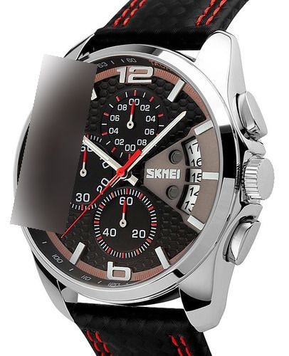 Reloj Hombre Skmei 9106 Cuero Malla Rojo Fondo Negro-3