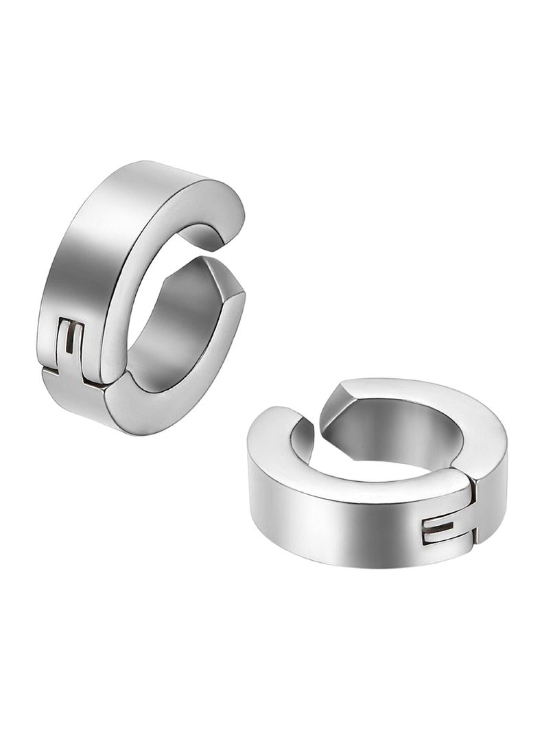 Set Aros Aretes Clip Falso Acero Plata  Hombre-1