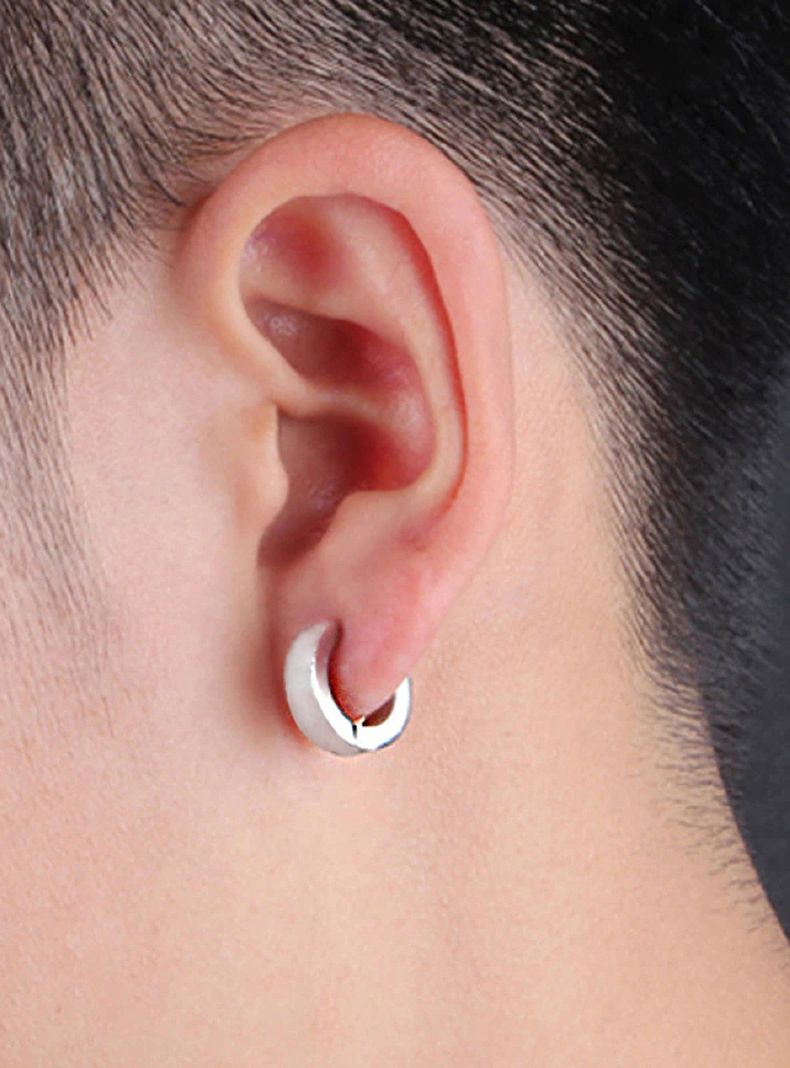 Set Aros Aretes Clip Falso Acero Plata  Hombre-4