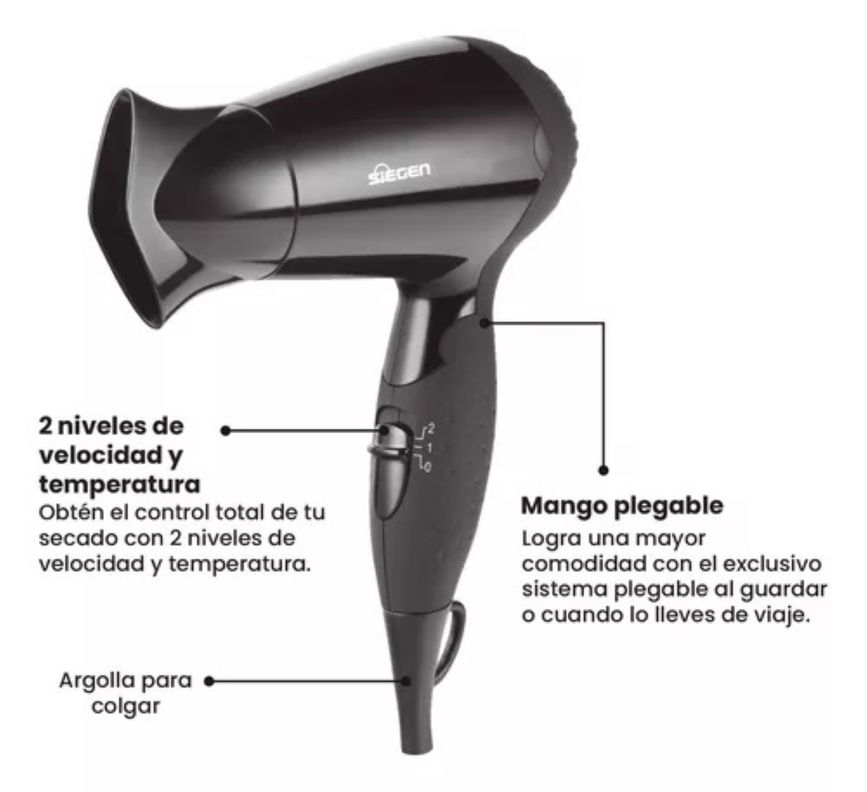 Secador de Pelo Siegen Lets go Travel Negro SG3005 1200Watts-5