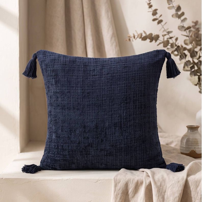 Set 2 Fundas de Cojín Chenille con Borlas Azul 45x45 cm Colección Capri Lampedusa