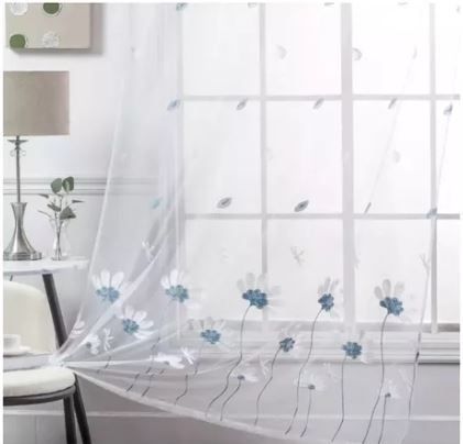 Cortina Velo Visillo Bordado 140 x 230 cms 2 Paños - Blanco Margarita Turquesa-1