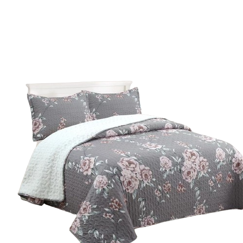 Cubrecama Quilt Sherpa 2 plazas - Gris Rosas M948-1