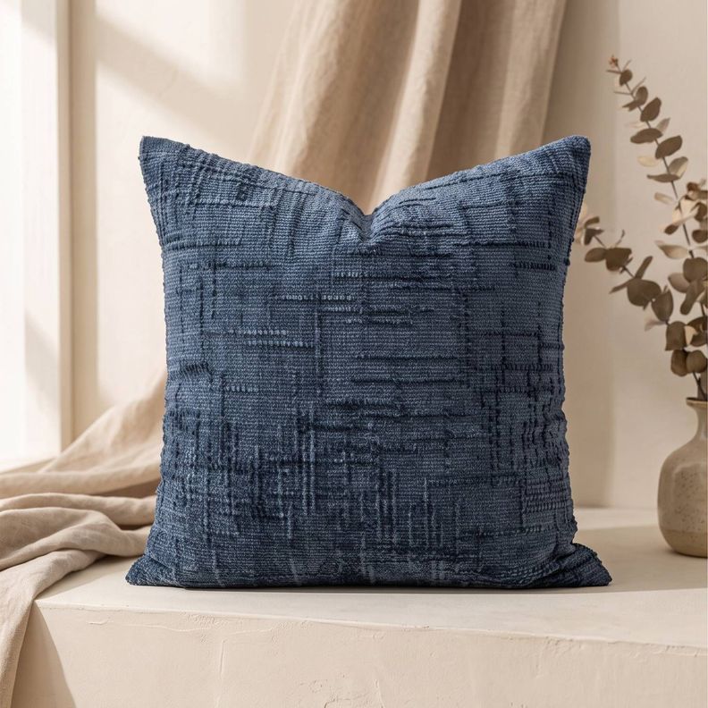 Set 2 Fundas de Cojin Chenille Texturizado Cuadriculado Azul 45x45 cm Coleccion Monaco Indigo