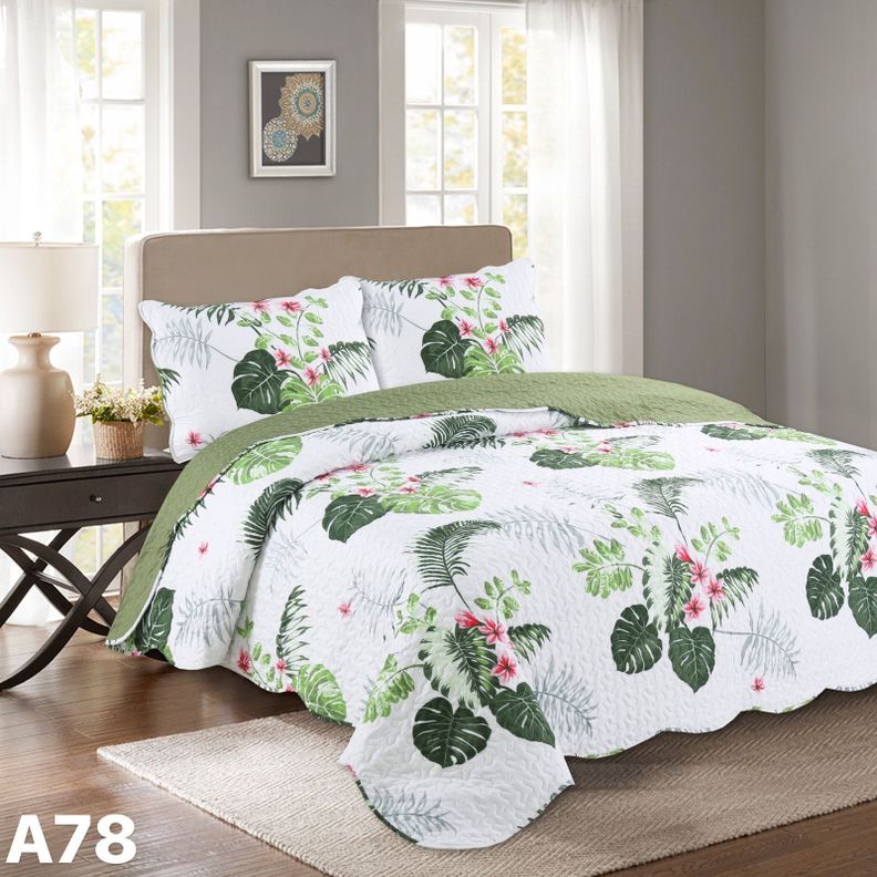 Cubrecama Quilt Verano King Blanco verde musgo diseño hojas verdes A78-0