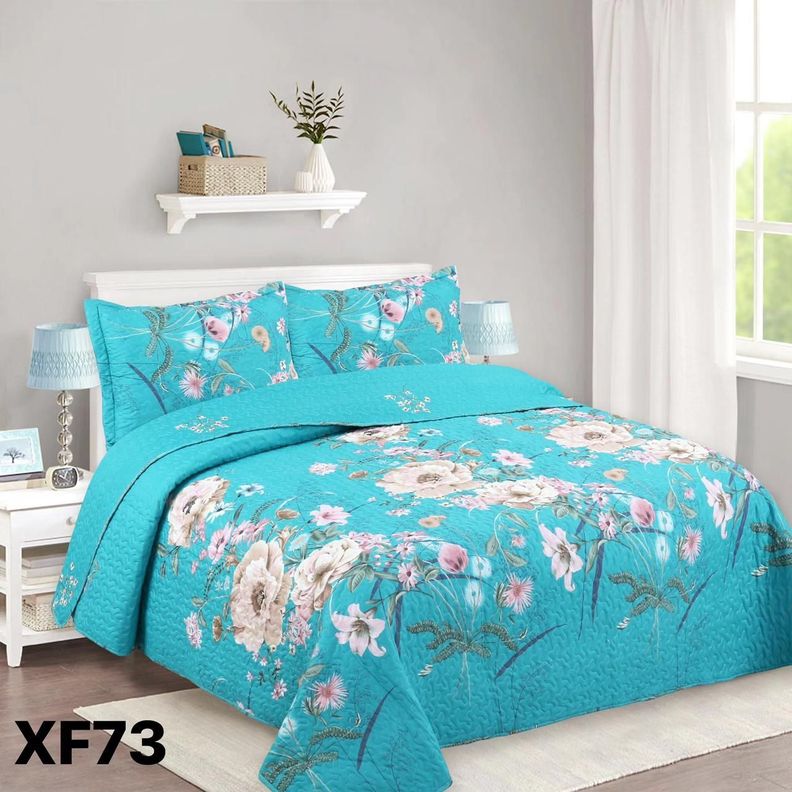 Cubrecama Quilt Verano King Turquesa con diseño de flores en blanco y gris XF73-1