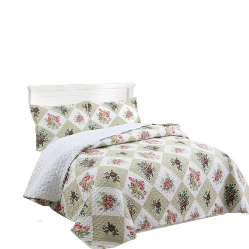Cubrecama Quilt Sherpa 2 plazas - Blanco Hojas Verdes M906-1