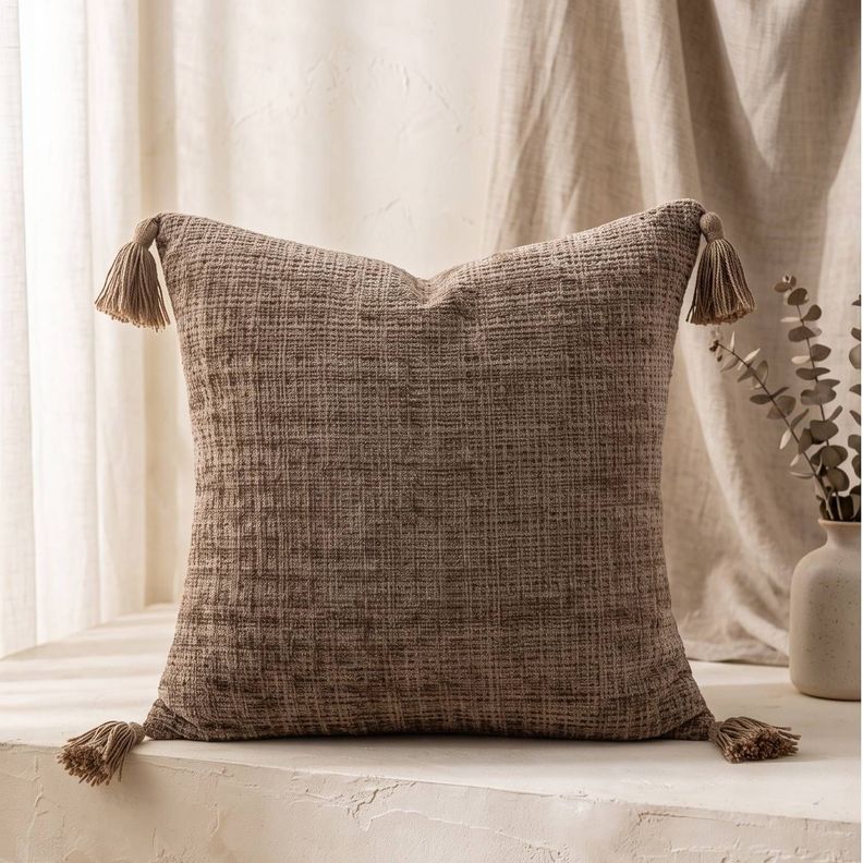 Set 2 Fundas de Cojin Chenille con Borlas Cafe 45x45 cm Coleccion Capri Giglio