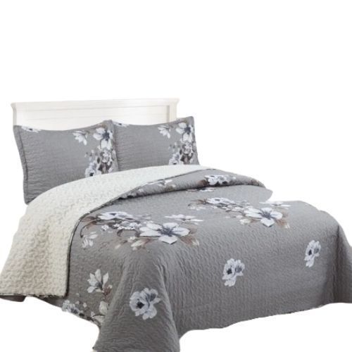 Cubrecama Sherpa 2 Plazas - Gris Flores Blancas M962