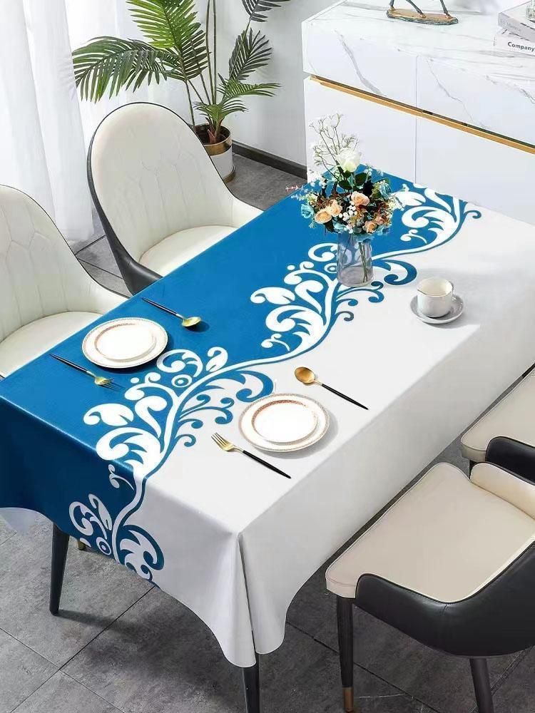 Mantel Rectangular Antimanchas 140 x 220 cm - Blanco Azules Hojas-1