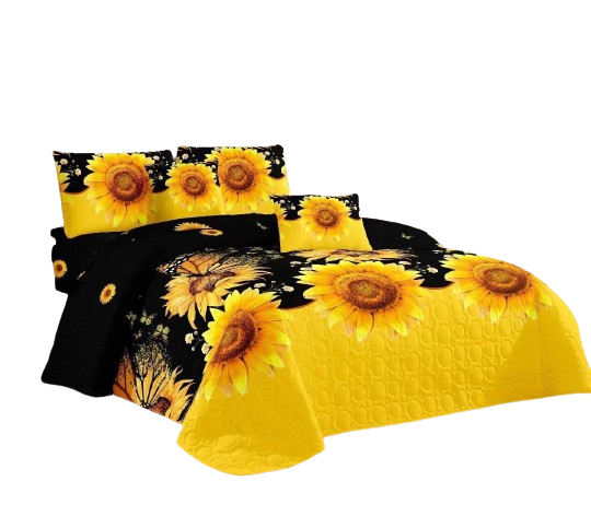 Cubrecama Quilt Verano 2 Plazas Amarillo Negro con diseño flores maravillas KFL157-0