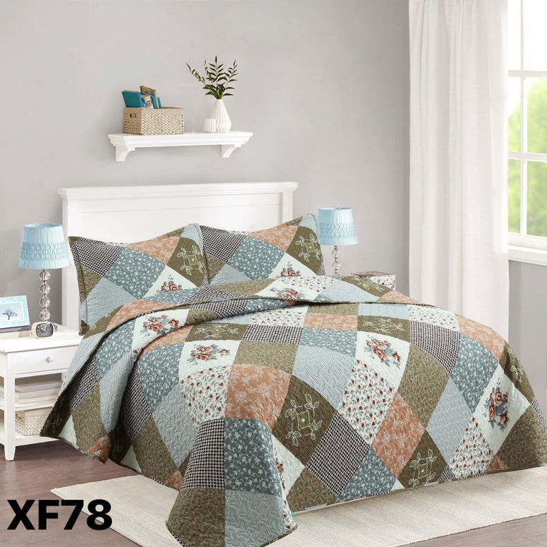 Cubrecama Quilt Verano King Verde - Gris - Azulado diseño rombos XF78-0