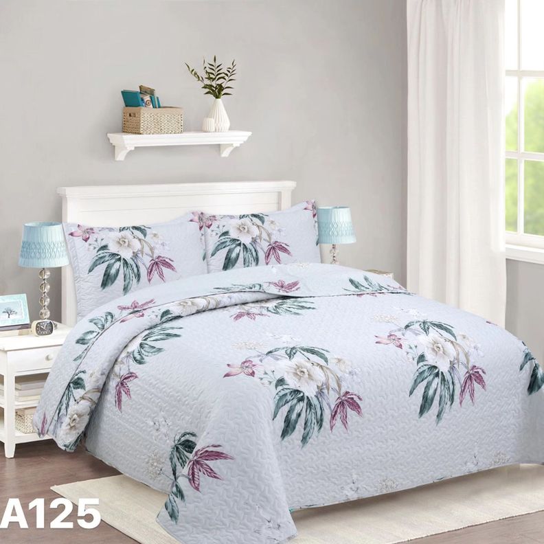 Cubrecama Quilt Verano King Lila con diseño de flores rojizas, verde y ocre A125-0