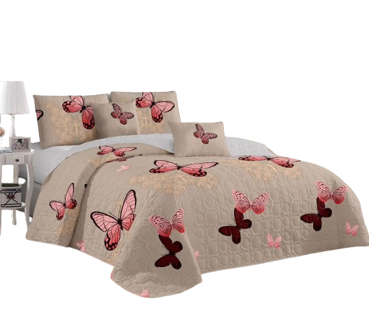 Cubrecama Quilt Verano 2 Plazas Beige con diseño de Mariposas Rojas KFL090-0
