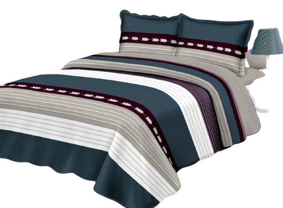 Cubrecama Quilt Verano 1.5 Azul Gris Blanco con lineas  KFL620-0