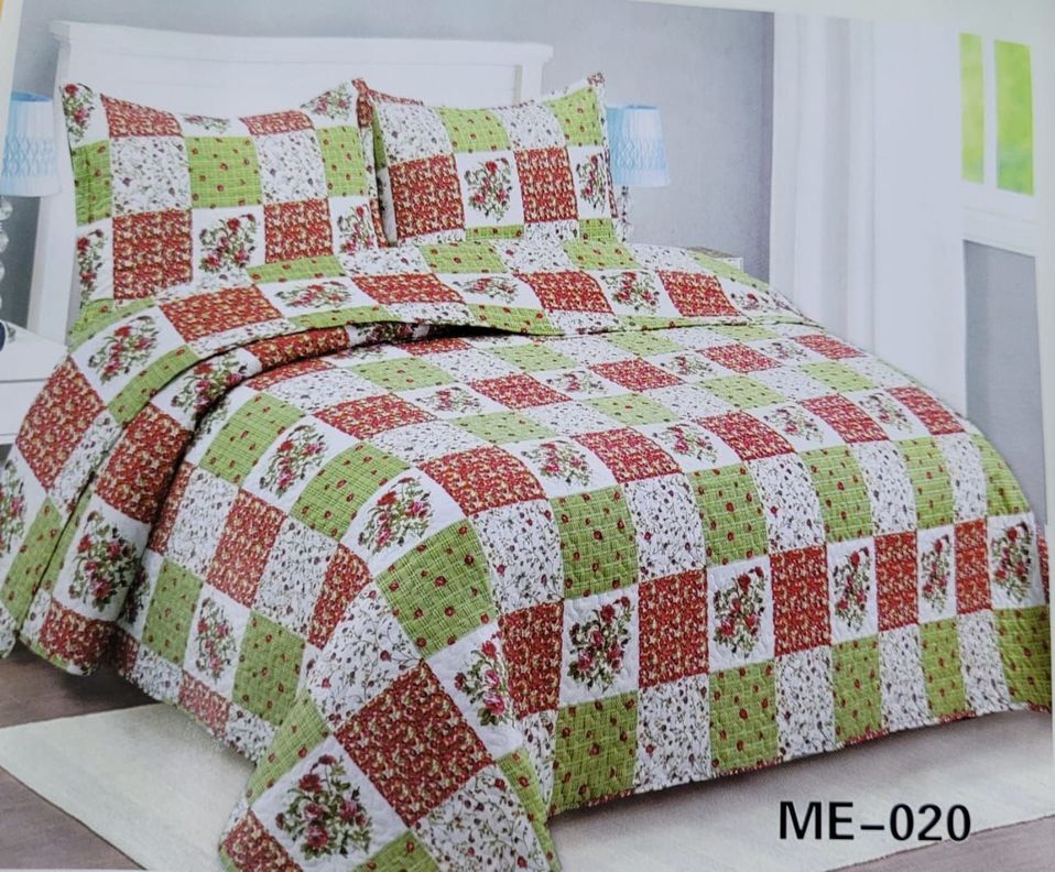 Cubrecama Quilt Verano King Cuadrillé rojo verde  diseño flores ME-20-1