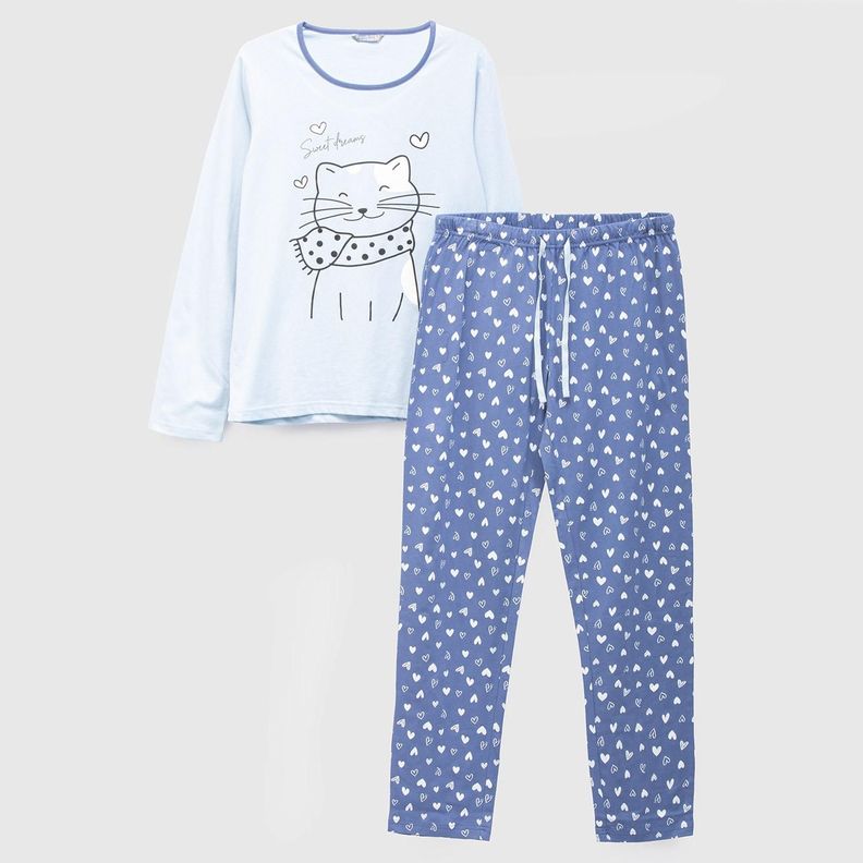 PIJAMA ALGODÓN  ESTAMPADO GATO CELESTE-0
