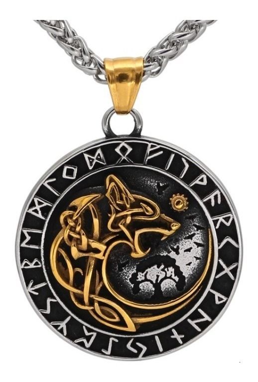 Collar Vikingo Runas Vegvisir Moon Wolf Hombre Moda 2022 Plateado