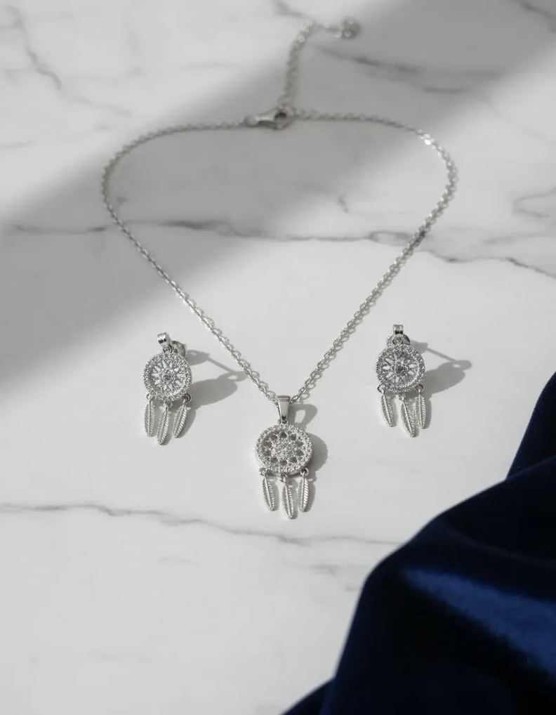 Collar De Atrapasue os Y Aros Plata S925 Mujer Damas
