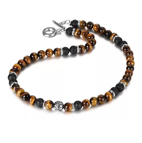 Collar Piedra Ojo De Tigre Y Volcanica Hombre Moda-0