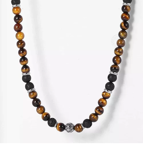 Collar Piedra Ojo De Tigre Y Volcanica Hombre Moda-1