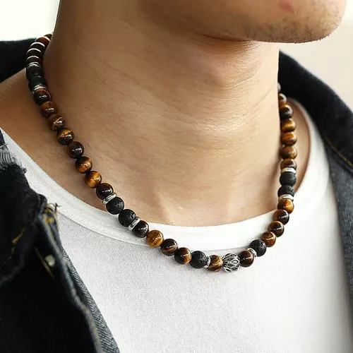 Collar Piedra Ojo De Tigre Y Volcanica Hombre Moda-2