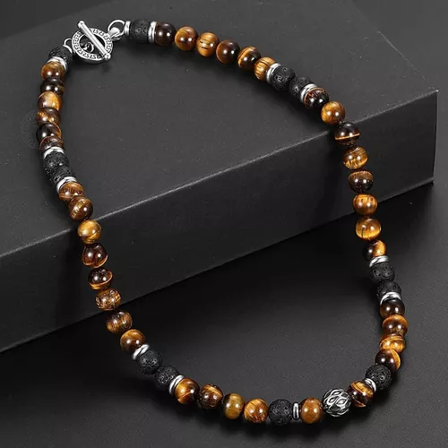 Collar Piedra Ojo De Tigre Y Volcanica Hombre Moda-3