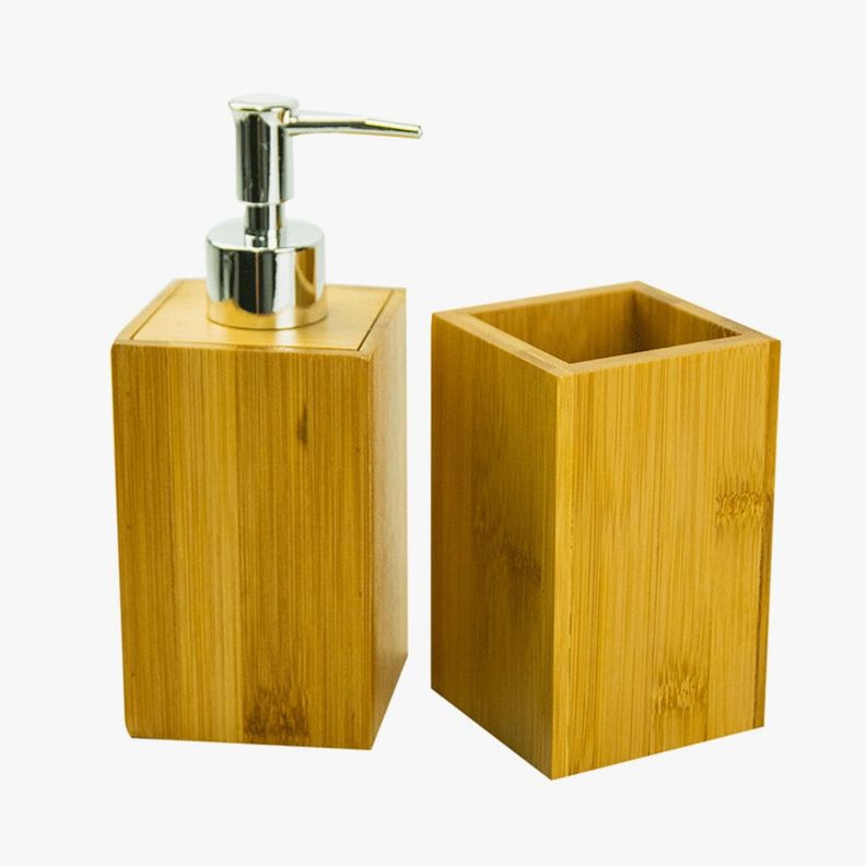 Set 2 accesorios de baño Dispensador de jabón y Vaso Bamboo-0