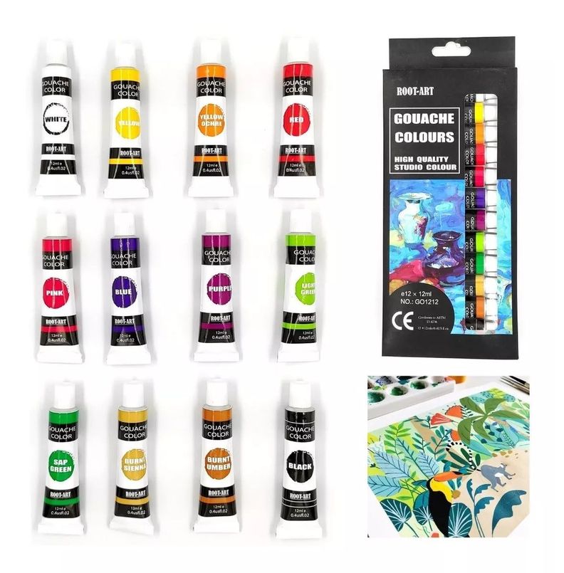 Set Pinturas Gouache Témpera Pigmentos Tubo 12 Colores 12ml-0