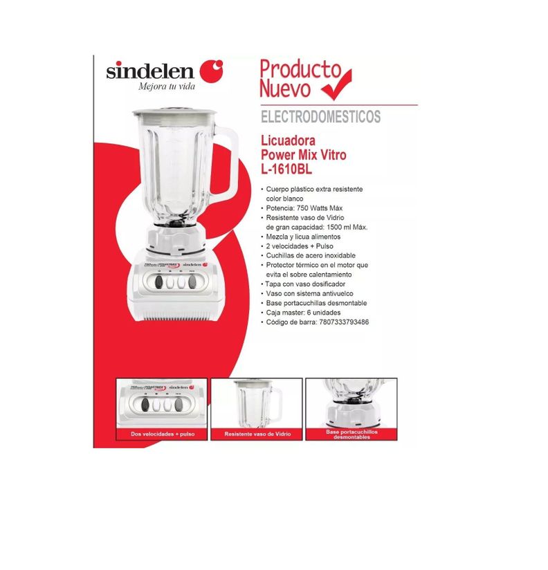 Licuadora Juguera Sindelen L-1610BL Jarro Vidrio 1,5lt 750w-5