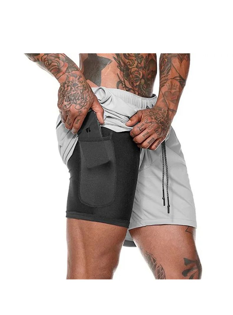 Short Gimnasio Hombre Con Calza Y Bolsillo Para Celular Gris claro-0