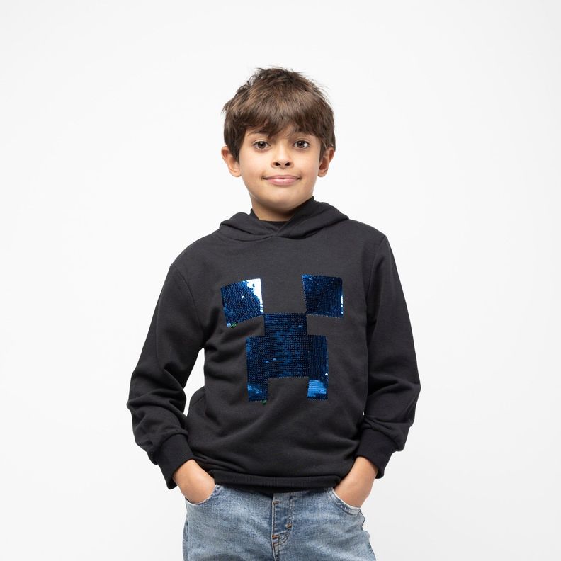 Poleron Con Gorro Niño Lentejuelas Negro Minecraft-0