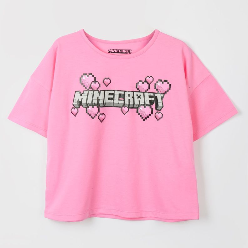 Polera Manga Corta Niña Corazones Rosado Minecraft-0