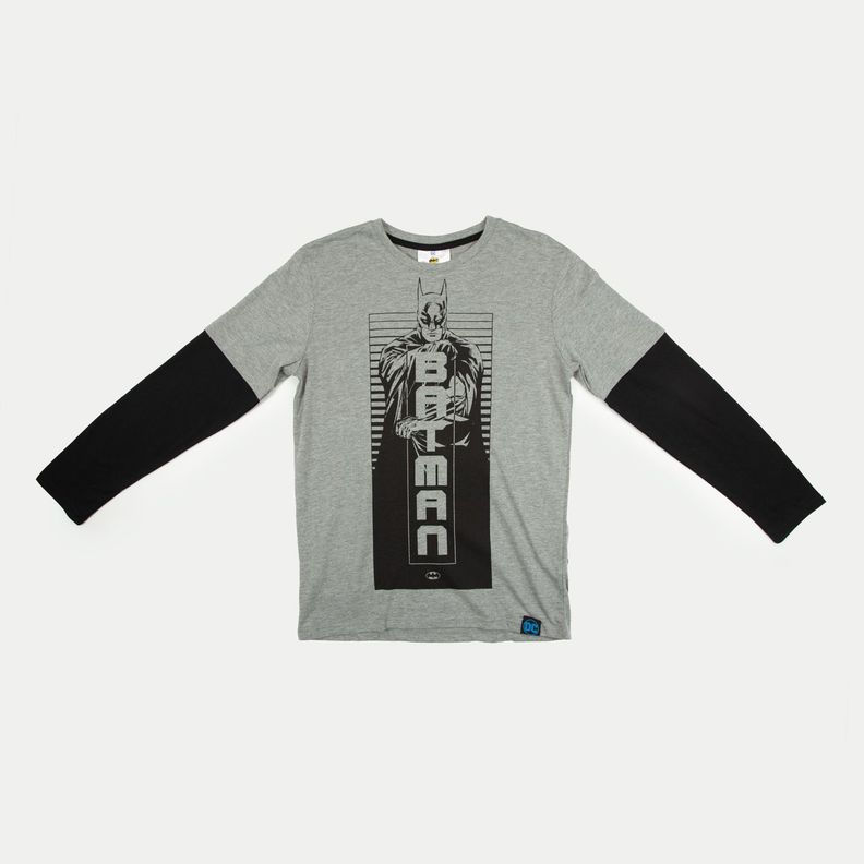 Polera Manga Larga Niño Batman Serio Gris DC COMICS-0