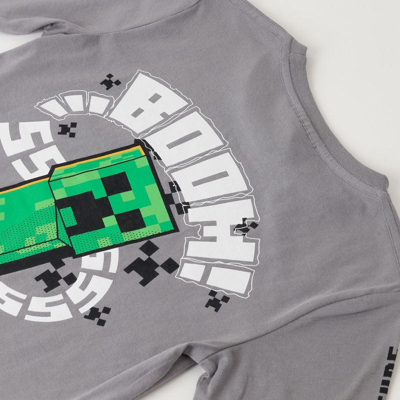 Polera Manga Larga Niño Creeper Sss Gris Minecraft-1
