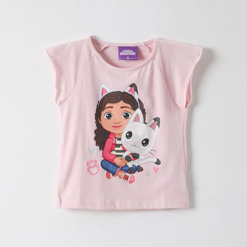 Polera Manga Corta Niña Gabby y su Gatito Rosado