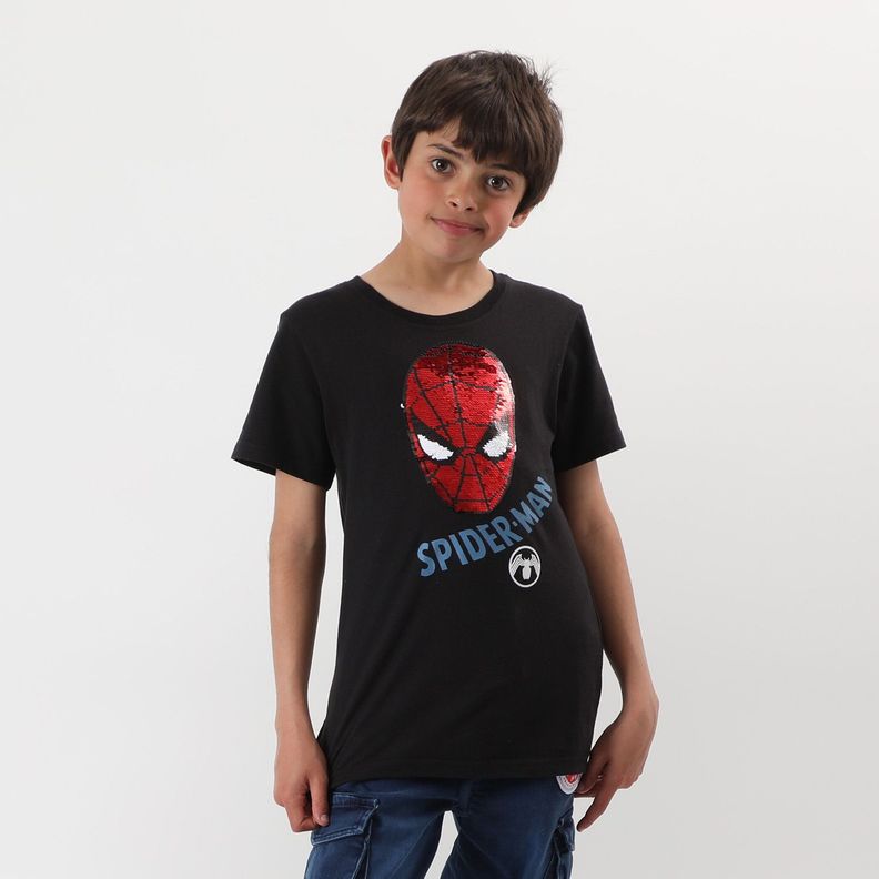 Polera Manga Corta Niño Lentejuelas Spiderman Negro Marvel-0