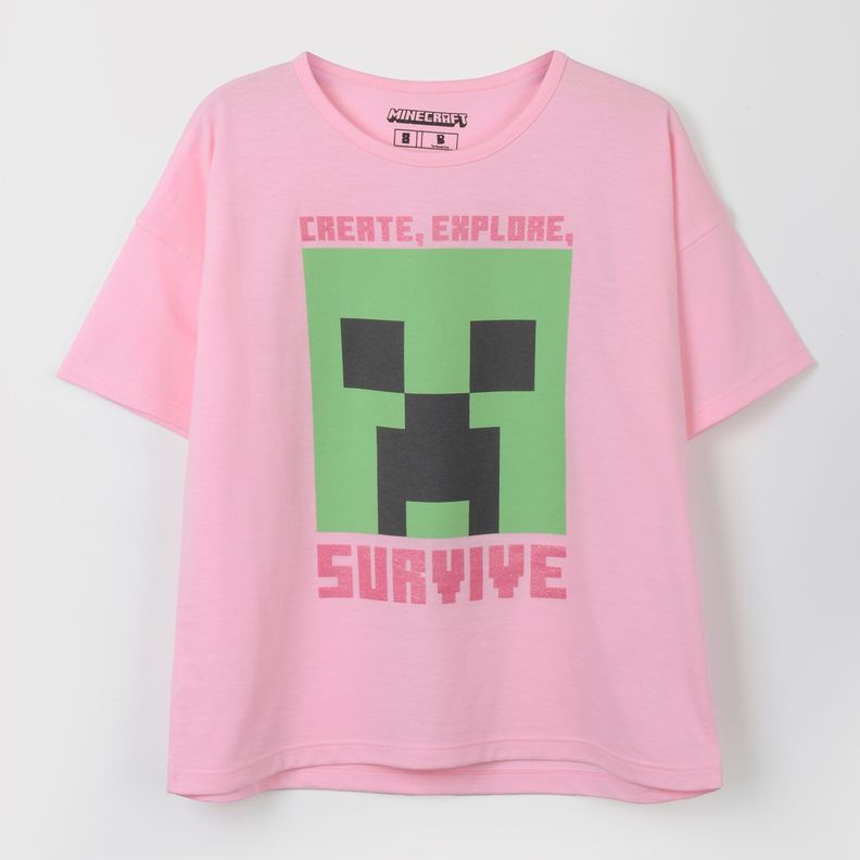 Polera Manga Corta Niña Creeper Rosado Minecraft-0