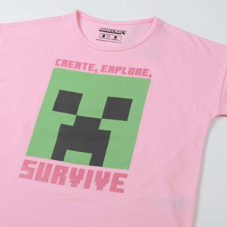 Polera Manga Corta Niña Creeper Rosado Minecraft-1