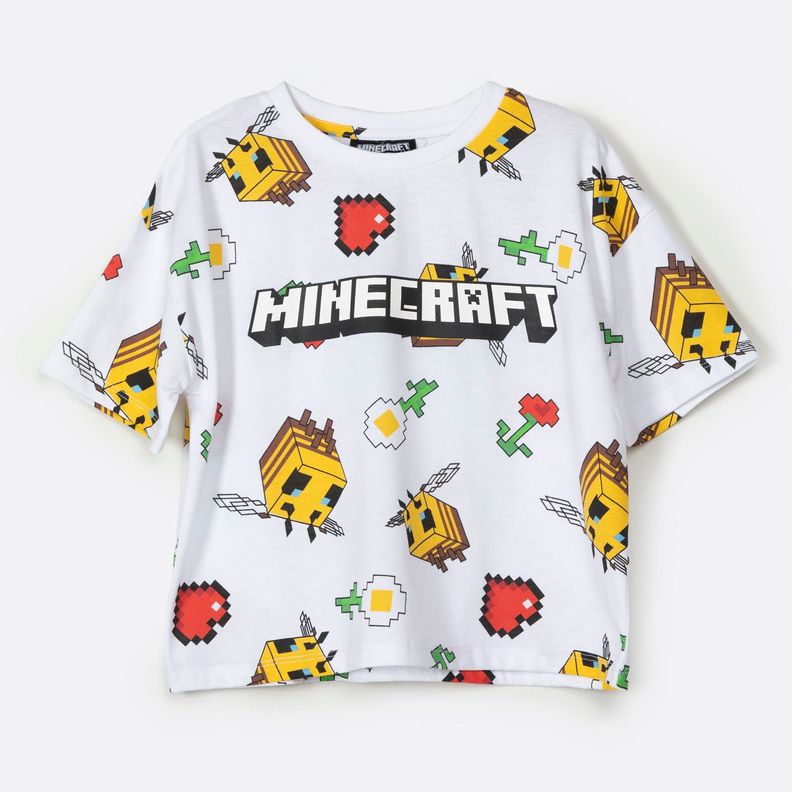 Polera Manga Corta Niña Full Print Blanco Minecraft-0