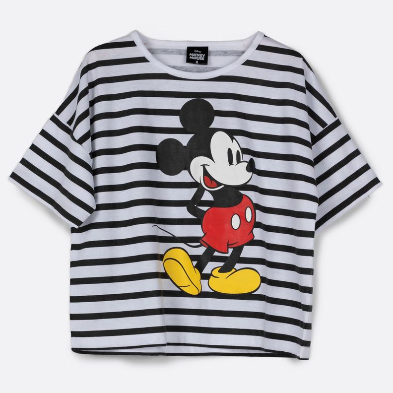 Polera Manga Corta Niña Rayas Mickey Blanco Disney-0