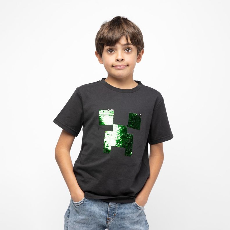 Polera Manga Corta Niño Lentejuelas Negro Minecraft-0