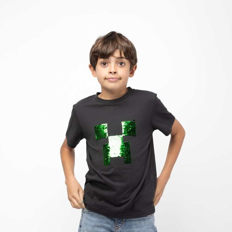 Polera Manga Corta Niño Lentejuelas Negro Minecraft-2