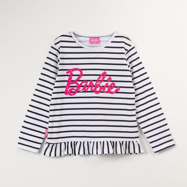 Polera Manga Larga Niña Rayas Blanco Barbie-0