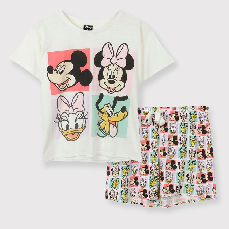 Pijama Corto Mujer Cuadros Minnie Beige Disney-0