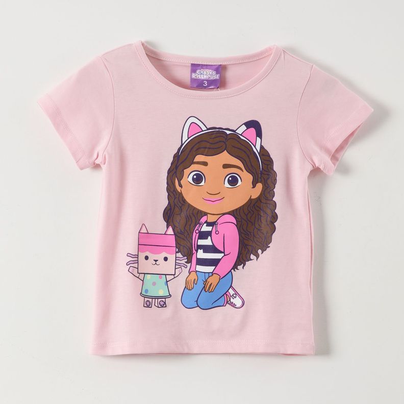 Polera Manga Corta Niña Gato Rosado Gabby Doll House-0