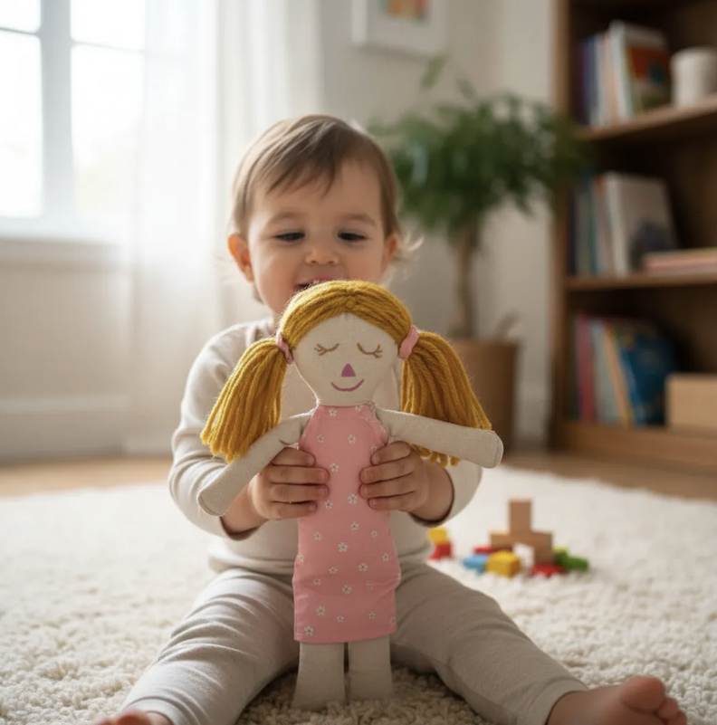 Mi primera muneca llamada Celeste Waldorf & Montessori 32cm Lona relleno antialergico pintada a mano