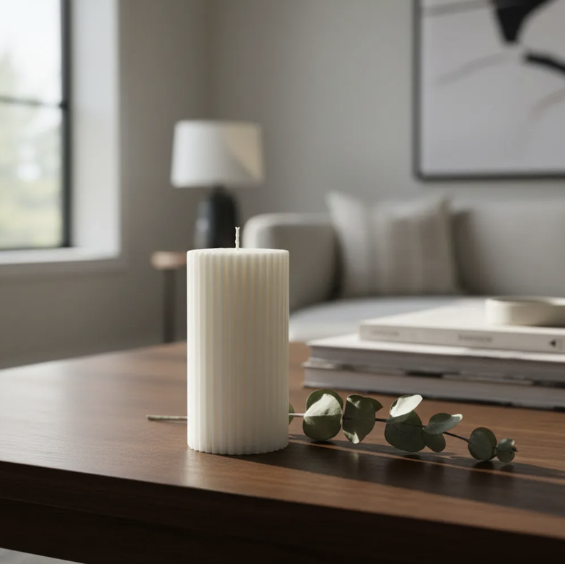 Velas de soja Pack 2 unidades Estriadas Cilindricas Nordicas Ribbed Pillar 8 cm Marfil/Blanca
