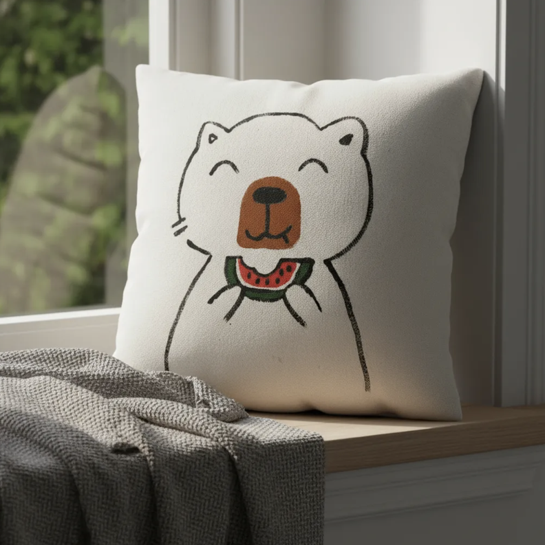 Cojin capibara pintado a mano en lona impermeable y con relleno antialergico 26 cm