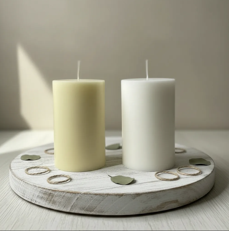Cirios en pack 2 unidades de velones de cera de soja natural 9.5 cm x 6 cm colores Marfil y Blanco L